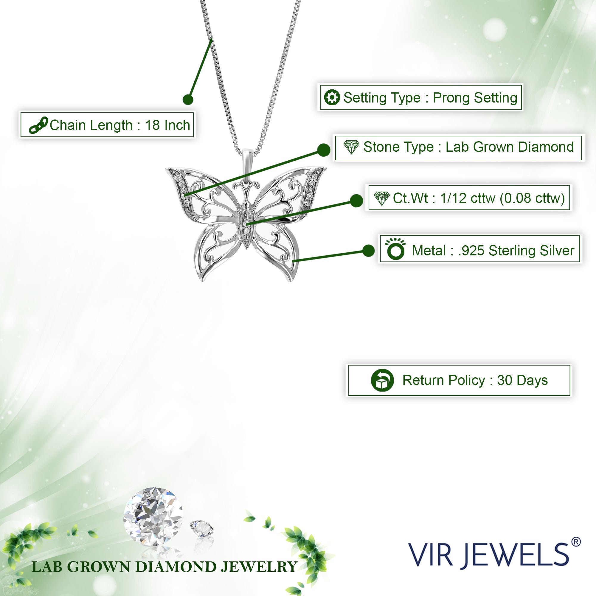 1/12 cttw 10 Stones Lab Grown Diamond Butterfly Pendant Necklace .925 Sterling Silver 1 Inch with 18 Inch Chain, Size 3/4 Inch