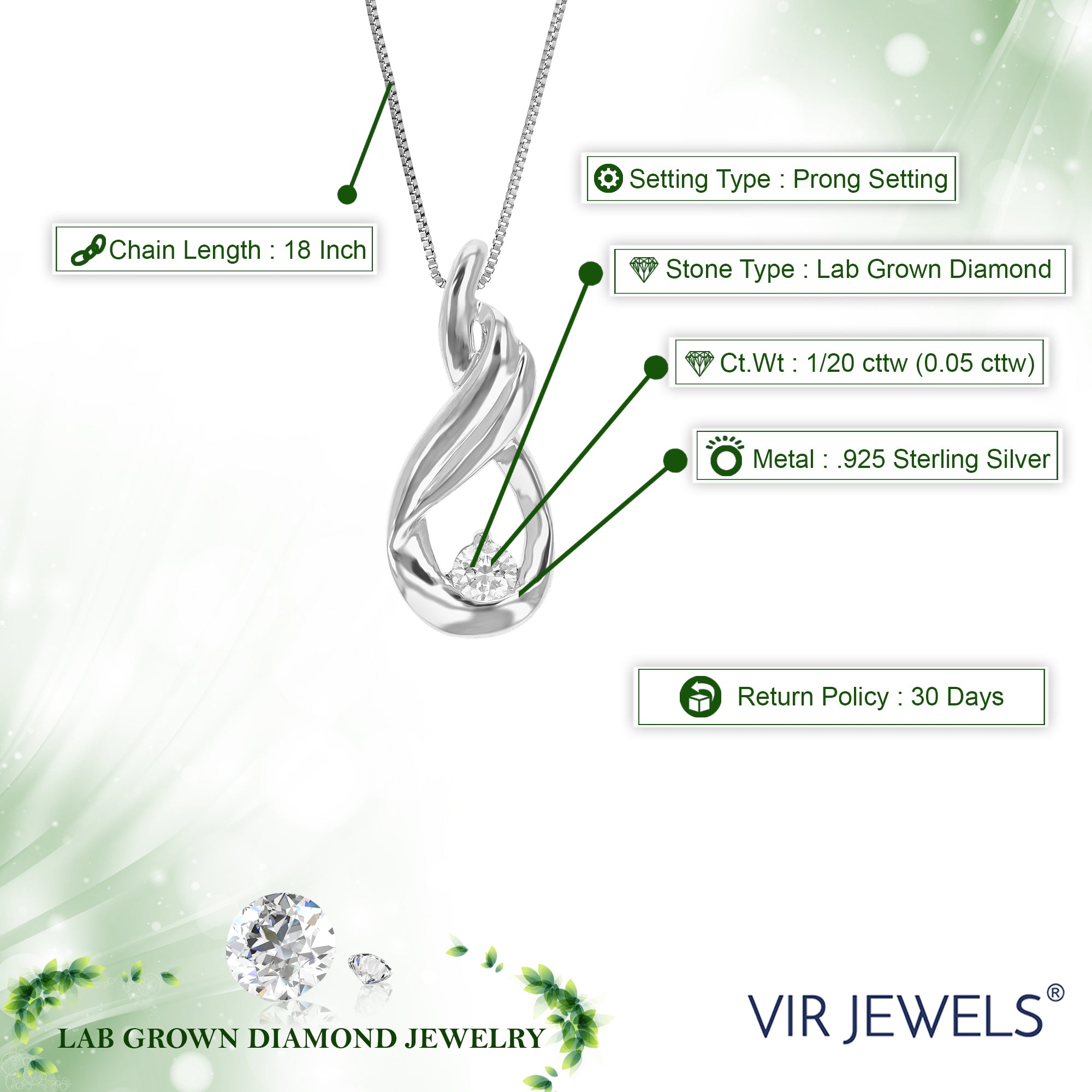 1/20 cttw Diamond Pendant Necklace for Women, Lab Grown Diamond Solitaire Pendant Necklace in .925 Sterling Silver with Chain, Size 3/4 Inch