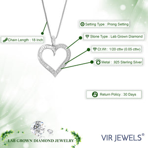 1/20 cttw Diamond Pendant Necklace for Women, Lab Grown Diamond Heart Pendant Necklace in .925 Sterling Silver with Chain, Size 1 Inch