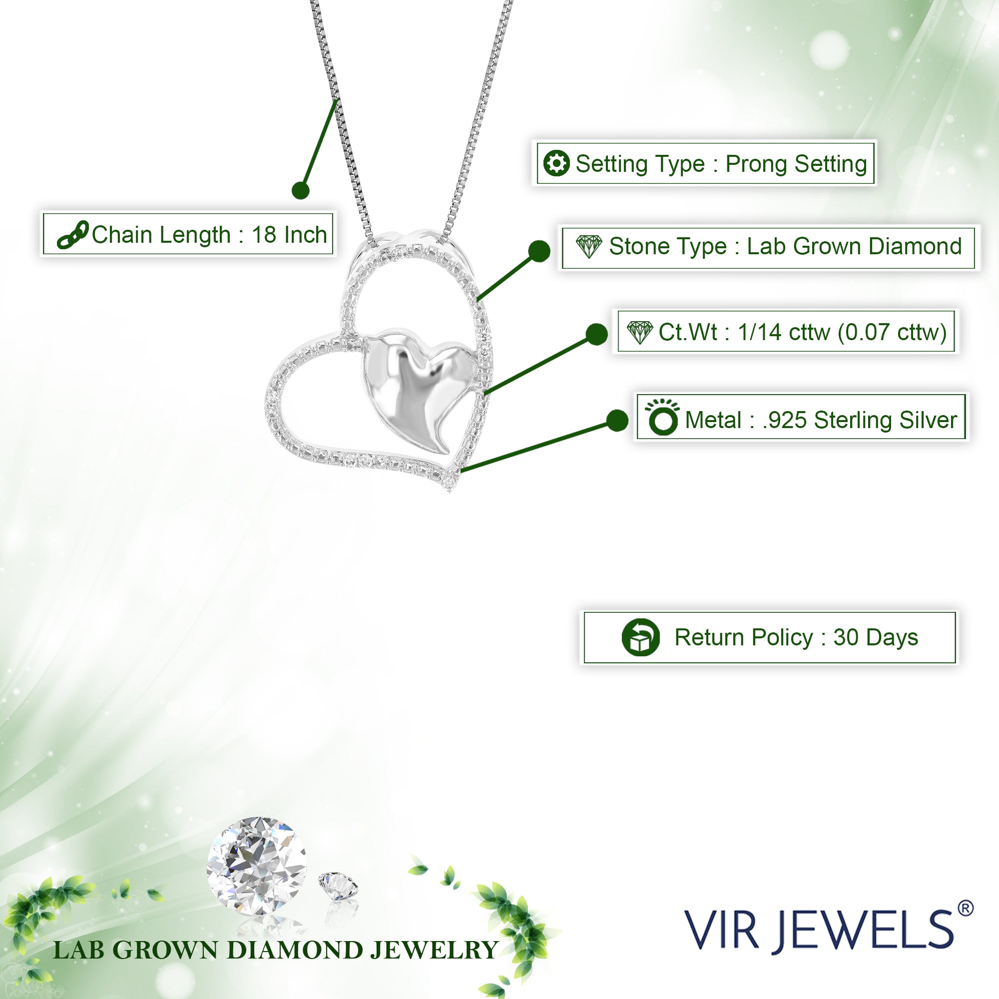 1/14 cttw Diamond Pendant Necklace for Women, Lab Grown Diamond Heart Pendant Necklace in .925 Sterling Silver with Chain, Size 3/4 Inch