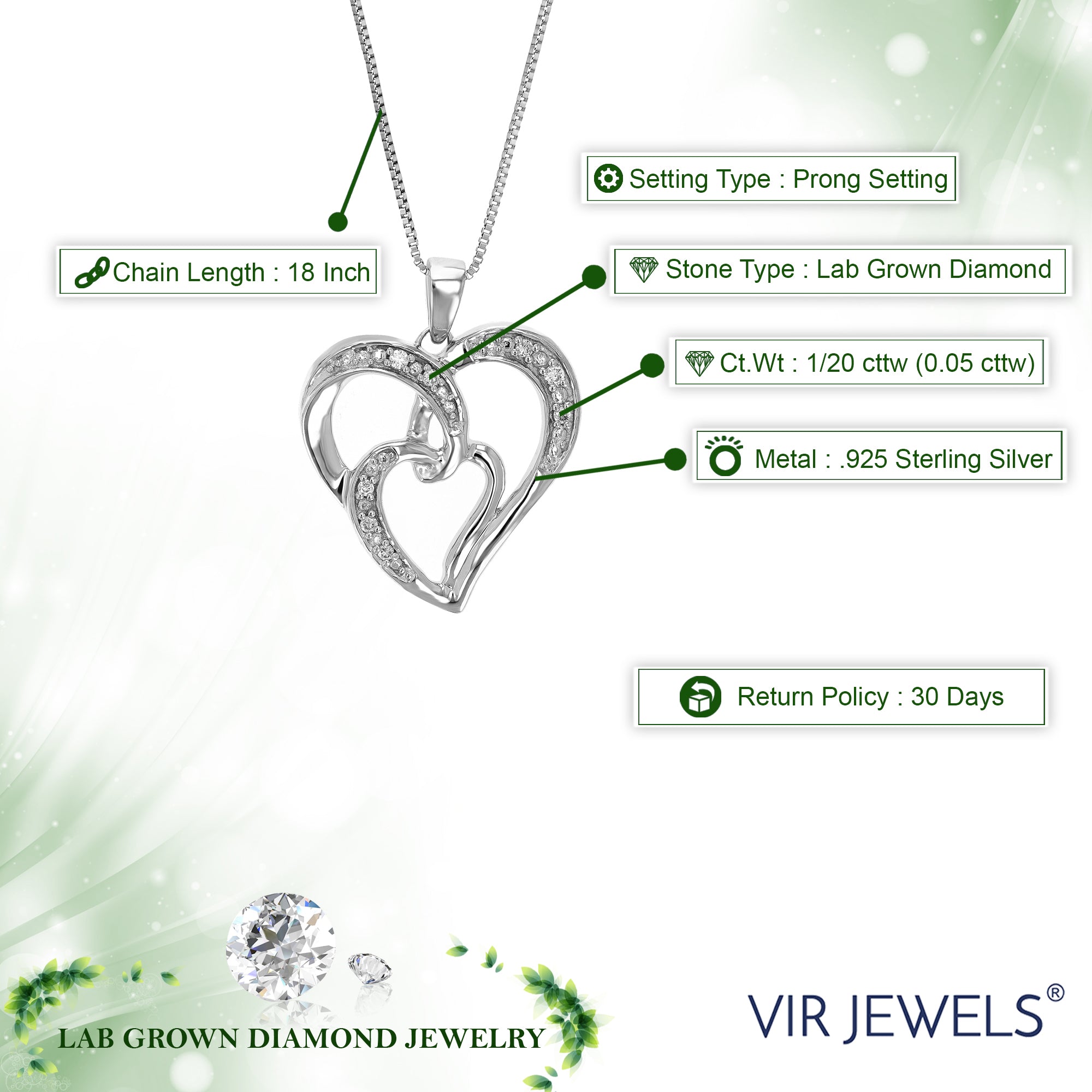 1/20 cttw 8 Stones Lab Grown Diamond Heart Pendant Necklace .925 Sterling Silver 3/4 Inch with 18 Inch Chain, Size 3/4 Inch