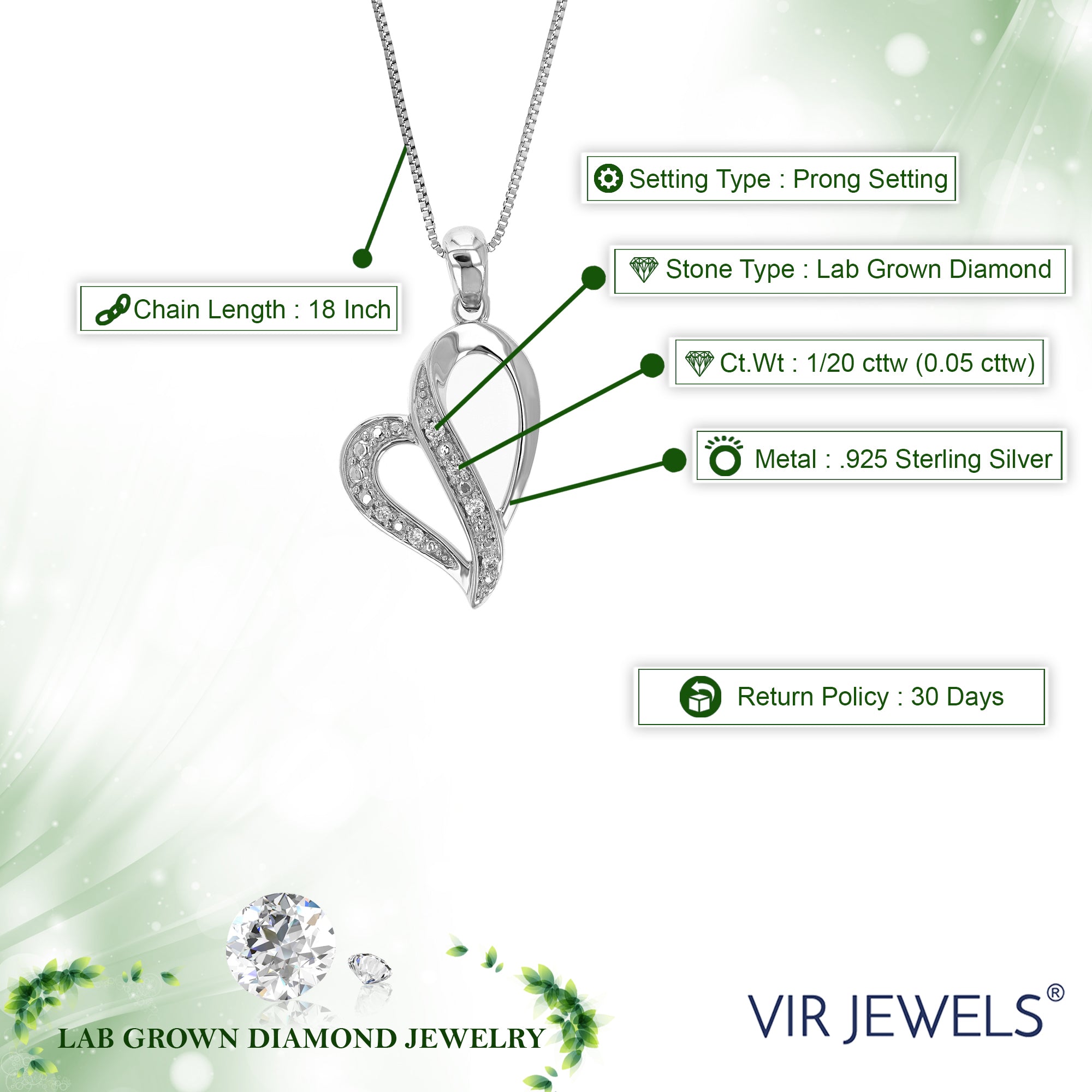 1/20 cttw Lab Grown Diamond Heart Pendant Necklace .925 Sterling Silver 1/2 Inch with 18 Inch Chain, Size 3/4 Inch