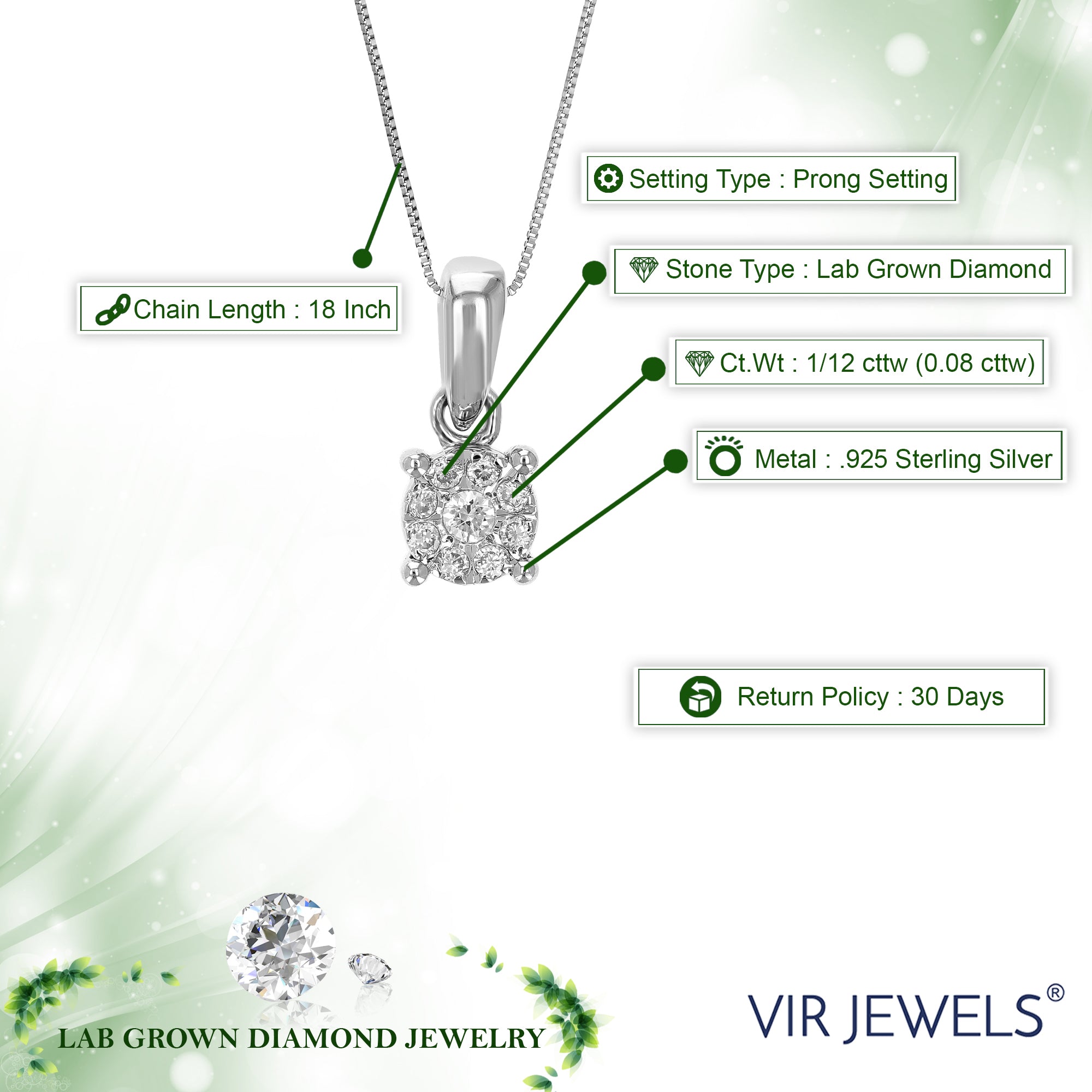 1/12 cttw 9 Stones Lab Grown Diamond Fashion Pendant Necklace .925 Sterling Silver 1/6 Inch with 18 Inch Chain, Size 2/5 Inch