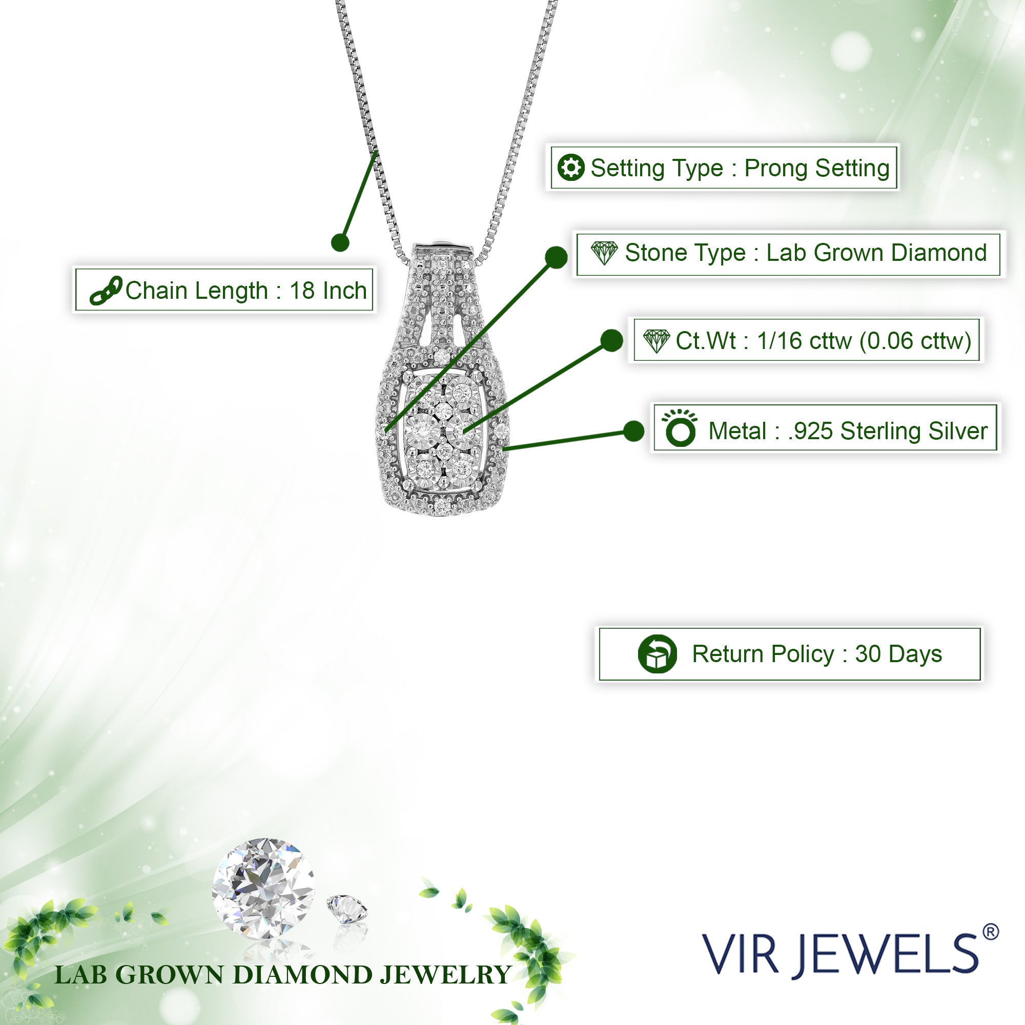 1/16 cttw Lab Grown Diamond Fashion Pendant Necklace .925 Sterling Silver 2/3 Inch with 18 Inch Chain, Size 2/3 Inch