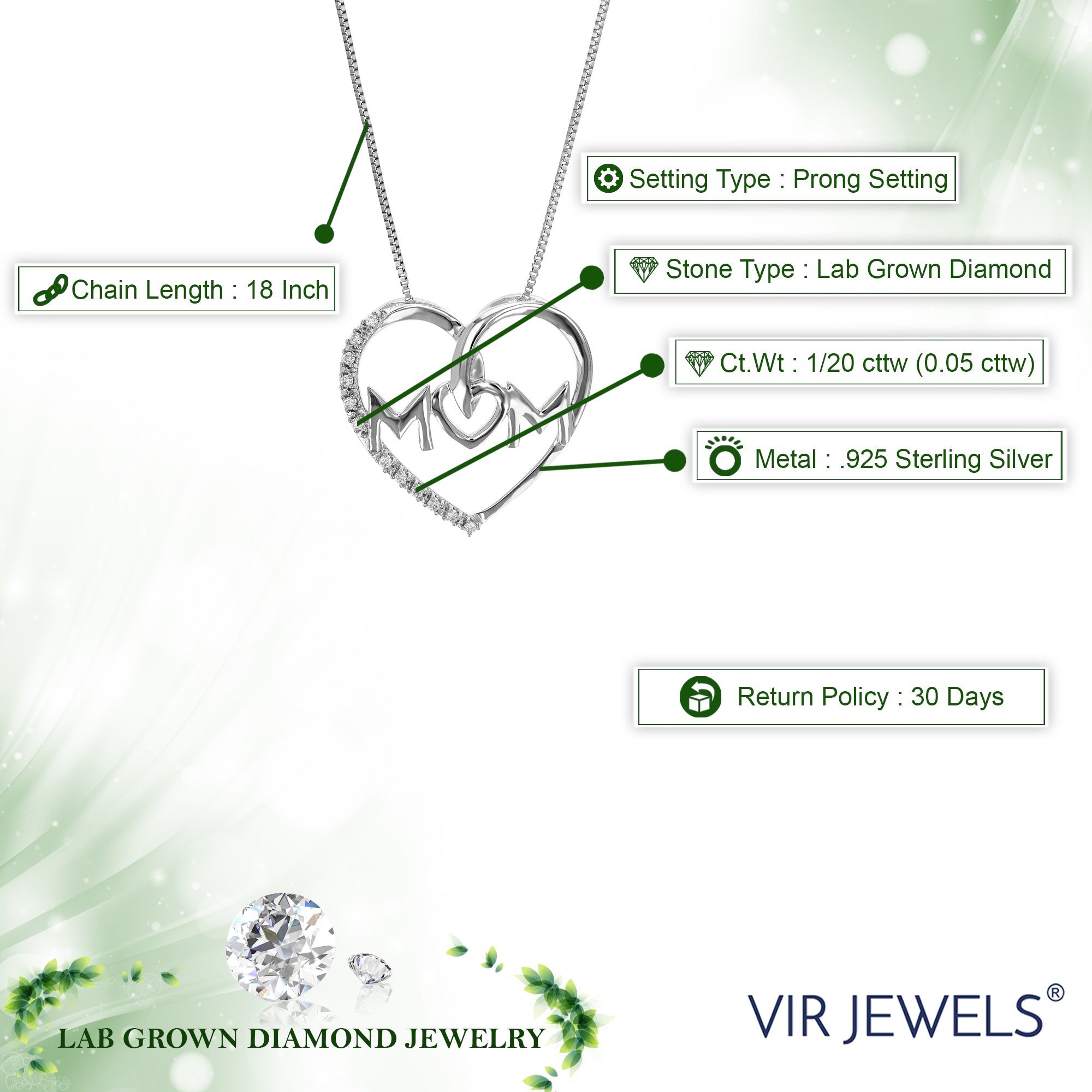 1/20 cttw Lab Grown Diamond Mom Heart Pendant Necklace .925 Sterling Silver 3/4 Inch with 18 Inch Chain, Size 3/4 Inch