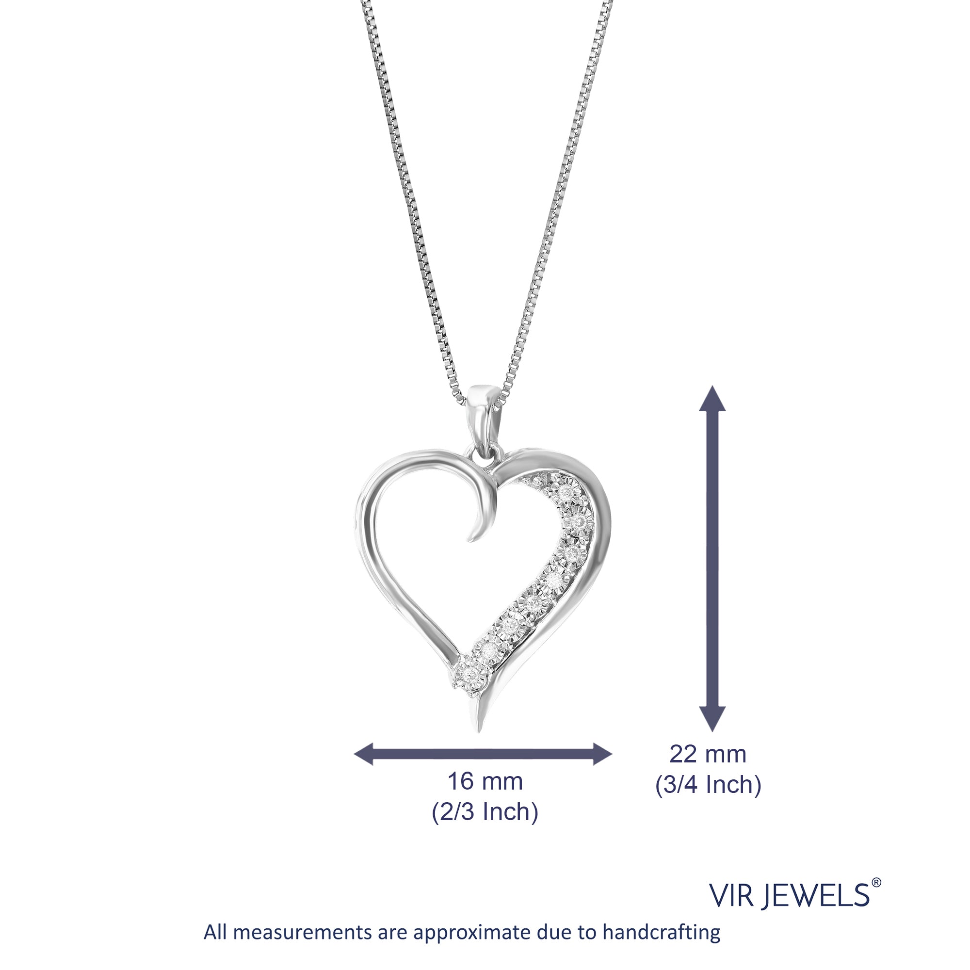 1/14 cttw Diamond Pendant Necklace for Women, Lab Grown Diamond Heart Pendant Necklace in .925 Sterling Silver with Chain, Size 1 Inch
