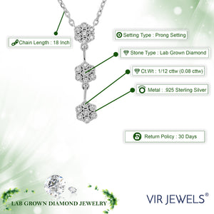 1/12 cttw Lab Grown Diamond 3station Cluster Pendant Necklace .925 Sterling Silver 1 Inch with 18 Inch Chain, Size 1 Inch