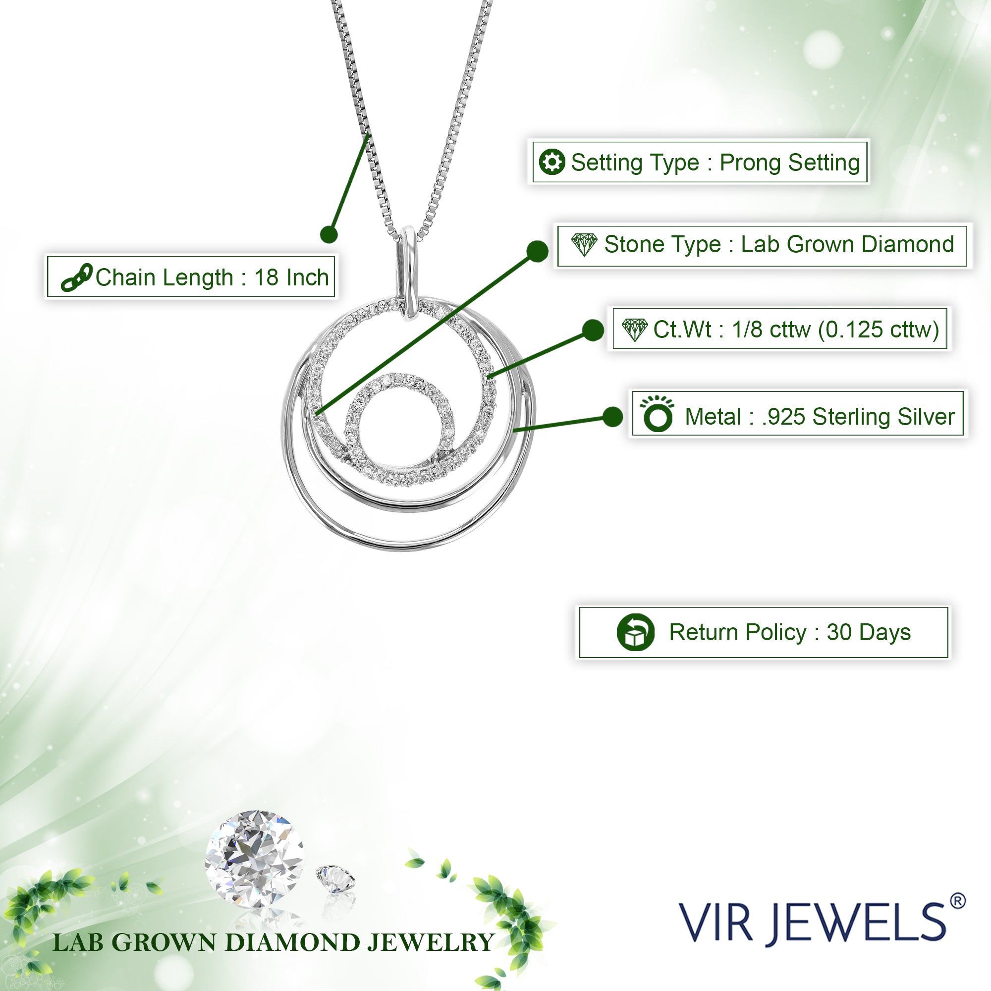 1/8 cttw Diamond Pendant Necklace for Women, Lab Grown Diamond Pendant Necklace in .925 Sterling Silver with Chain, Size 2/3 Inch