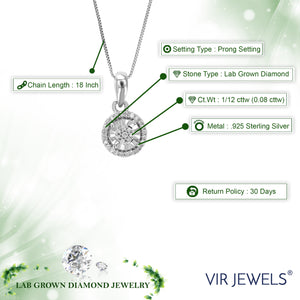 1/12 cttw Lab Grown Diamond Starburst Pendant Necklace .925 Sterling Silver 1/4 Inch with 18 Inch Chain, Size 1/2 Inch