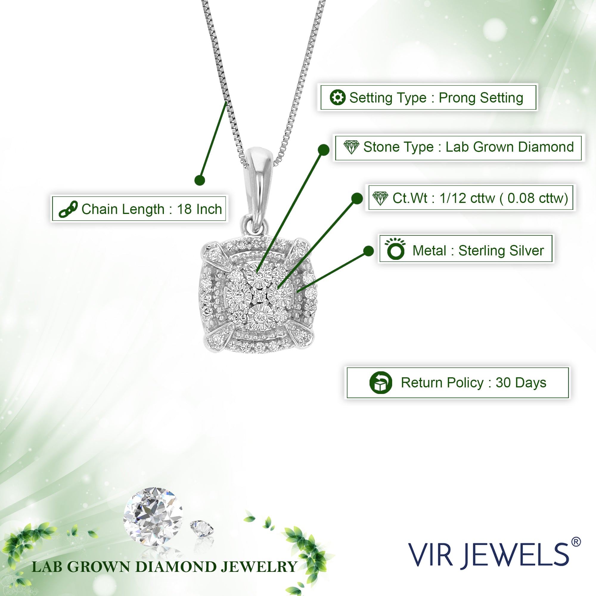 1/12 cttw Diamond Pendant Necklace for Women, Lab Grown Diamond Square Cluster Pendant Necklace in .925 Sterling Silver with Chain, Size 2/3 Inch