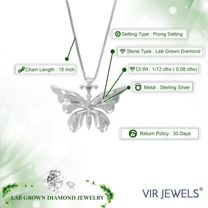 1/12 cttw Diamond Pendant Necklace for Women, Lab Grown Diamond Butterfly Pendant Necklace in .925 Sterling Silver with Chain, Size 3/4 Inch