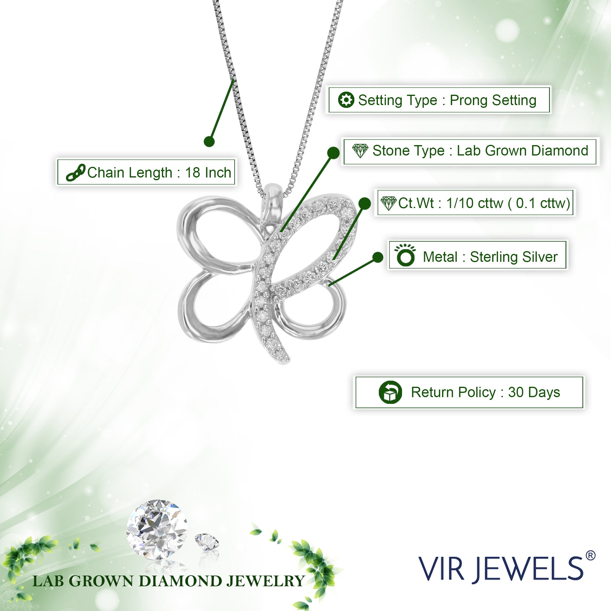 1/10 cttw Diamond Pendant Necklace for Women, Lab Grown Diamond Butterfly Pendant Necklace in .925 Sterling Silver with Chain, Size 1/2 Inch
