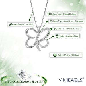 1/10 cttw Diamond Pendant Necklace for Women, Lab Grown Diamond Butterfly Pendant Necklace in .925 Sterling Silver with Chain, Size 1/2 Inch