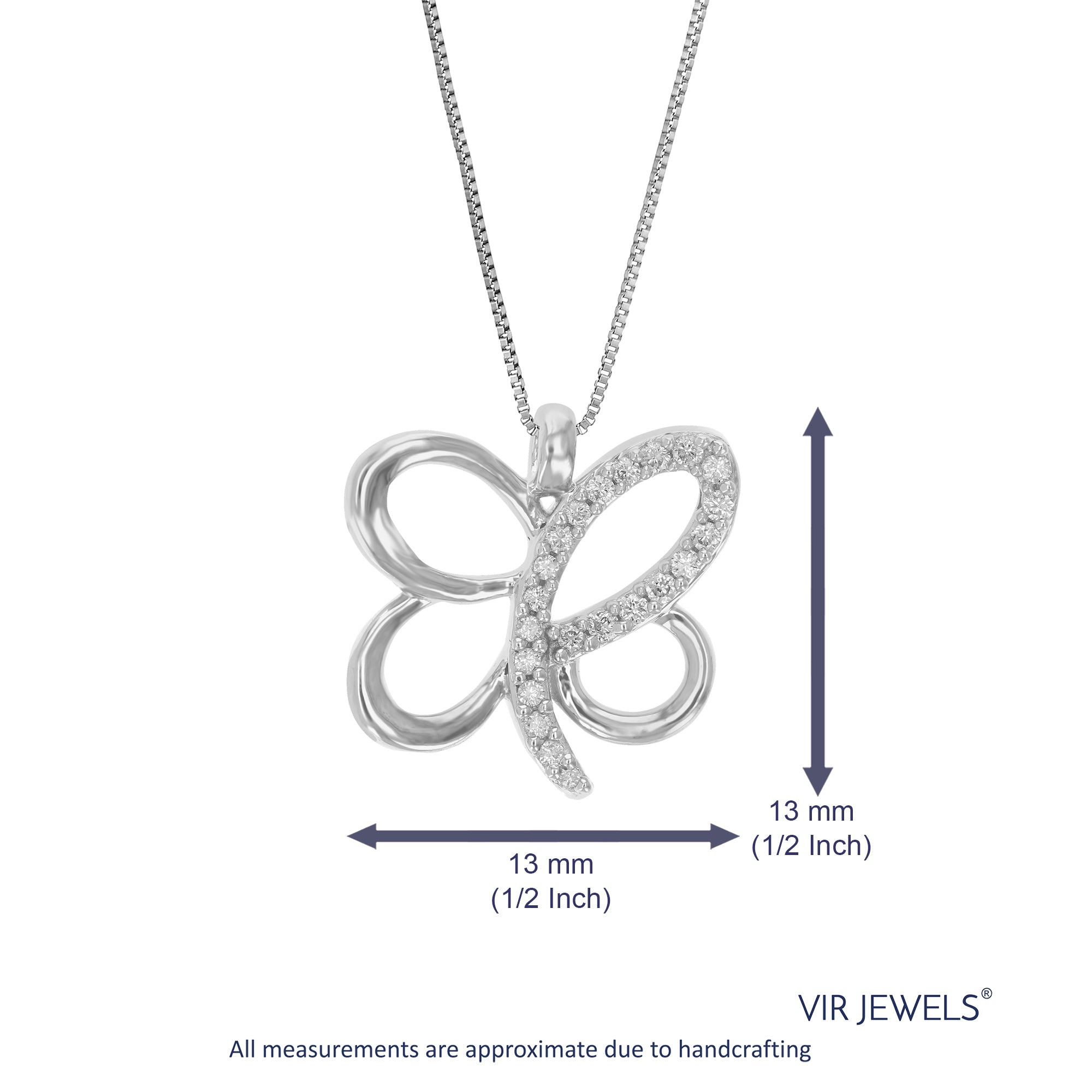 1/10 cttw Diamond Pendant Necklace for Women, Lab Grown Diamond Butterfly Pendant Necklace in .925 Sterling Silver with Chain, Size 1/2 Inch