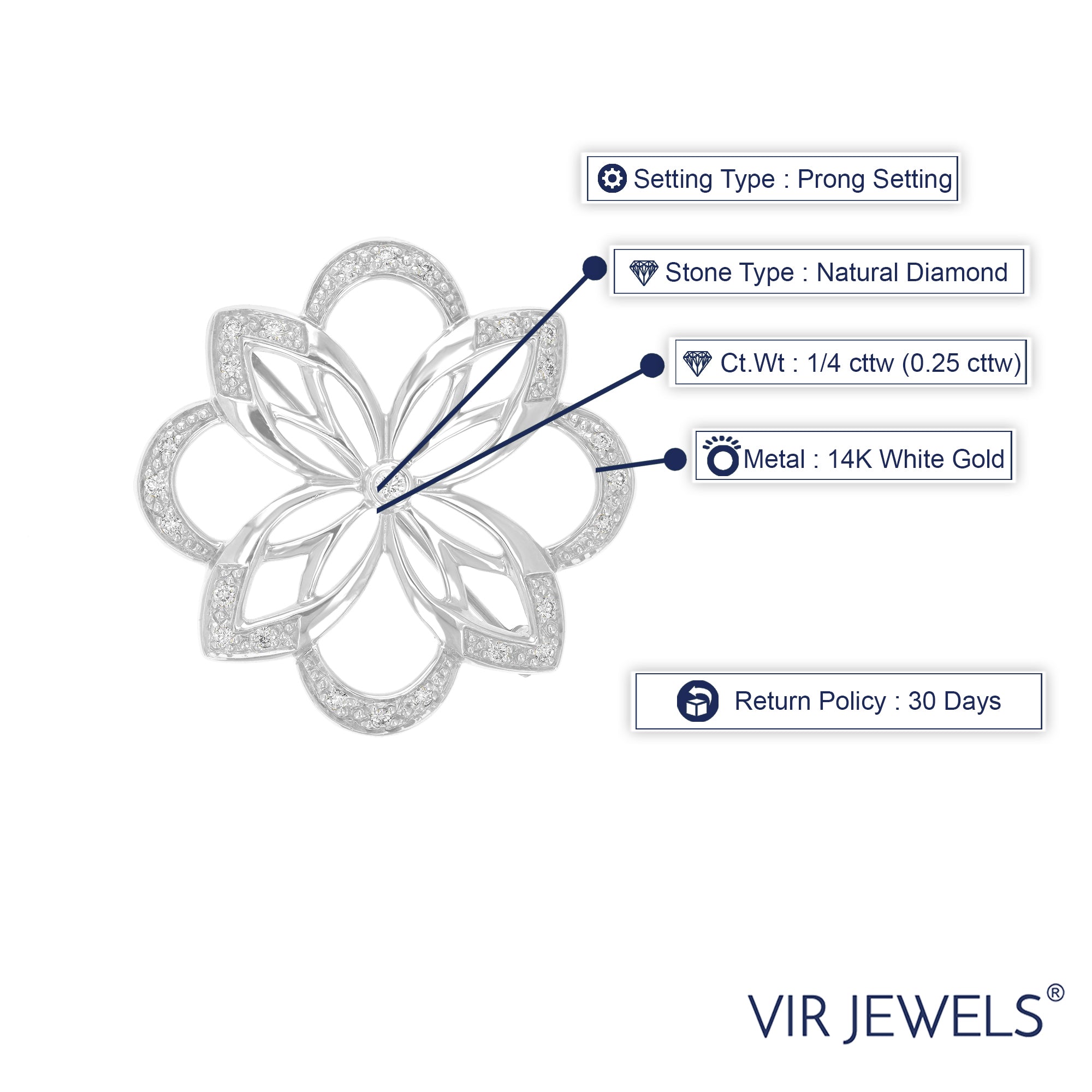1/4 cttw Diamond Brooch Pin, Brooch Pin for Women Fashion in 14K White Gold, Prong Setting, 1 1/4 Inch