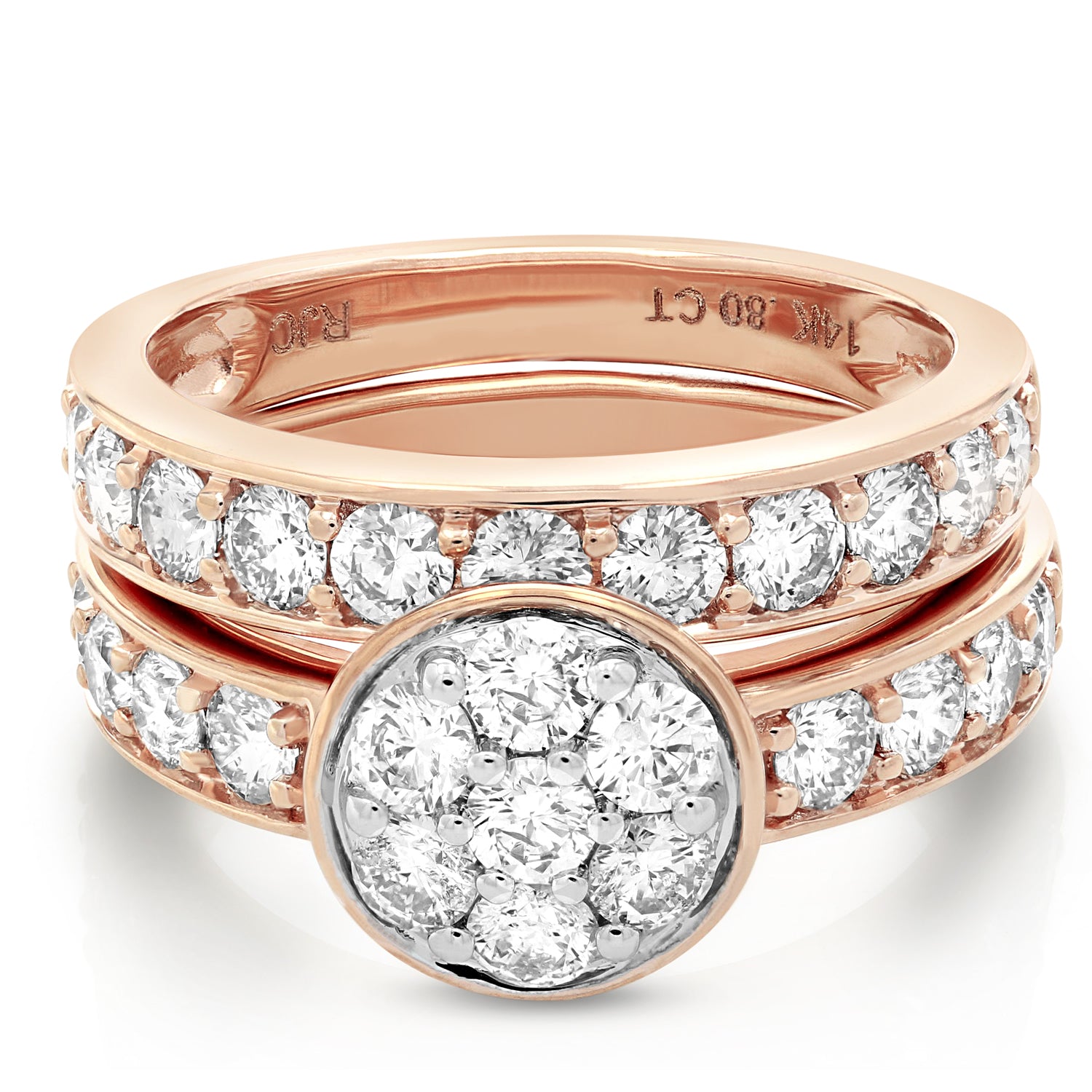 2 cttw Diamond Bridal Ring Set Cluster 14K Rose Gold Wedding Engagement