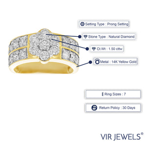 1.50 cttw Diamond Engagement Ring Cluster Design 14K Yellow Gold Bridal Wedding