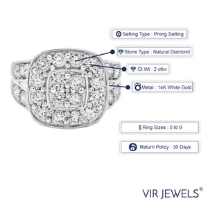 2 cttw Diamond Engagement Ring Cushion Shape with 2 Row 14K White Gold Bridal