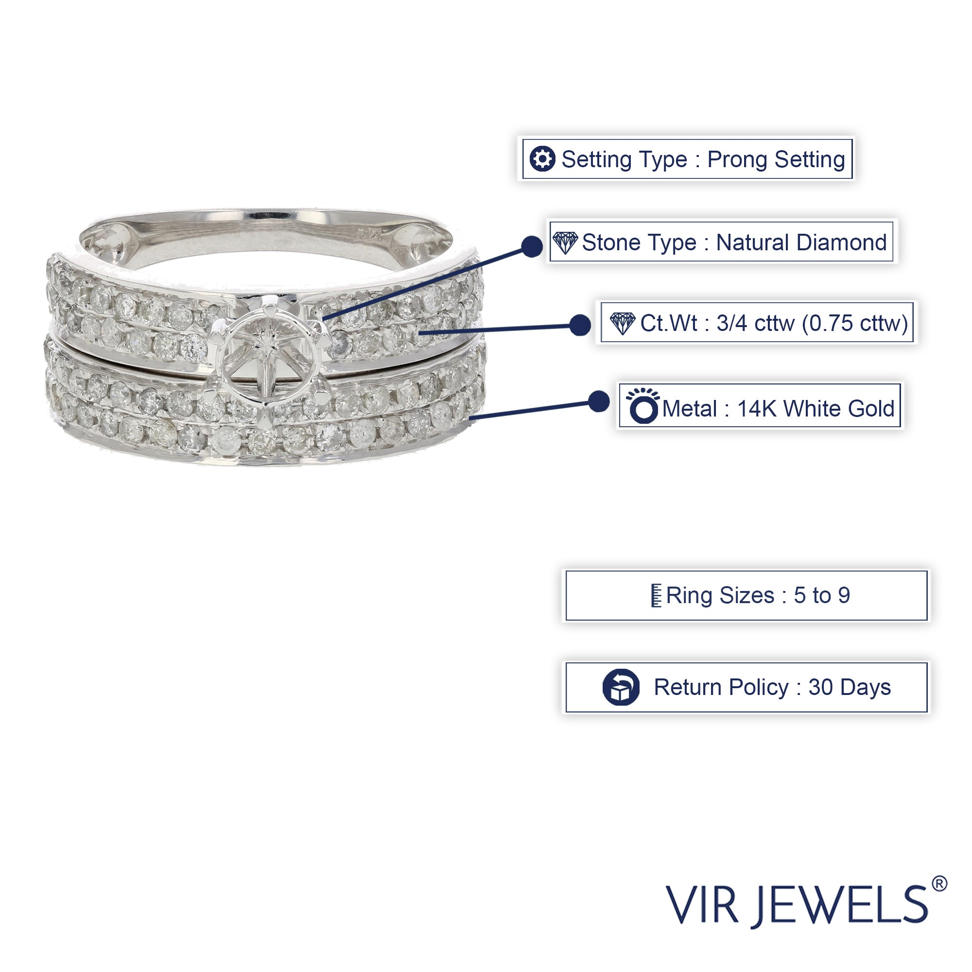 3/4 cttw Diamond Semi Mount Bridal Set 14K White Gold Engagement Wedding Size 7