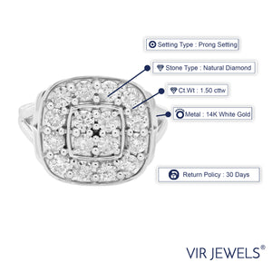 1.50 cttw Diamond Engagement Ring Cushion Style 14K White Gold Bridal Wedding