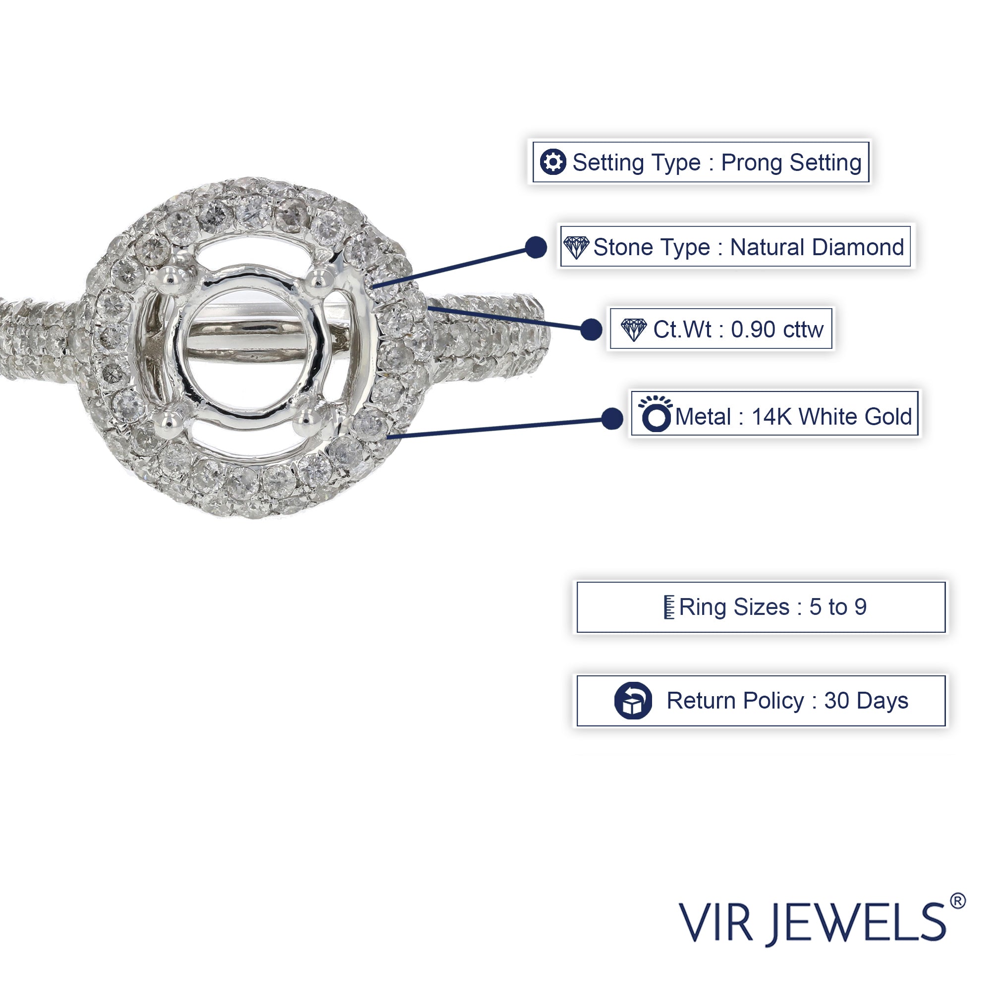 0.90 cttw Diamond Semi Mount Engagement Ring 14K White Gold Wedding Size 7