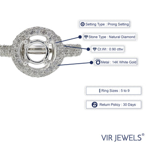 0.90 cttw Diamond Semi Mount Engagement Ring 14K White Gold Wedding Size 7