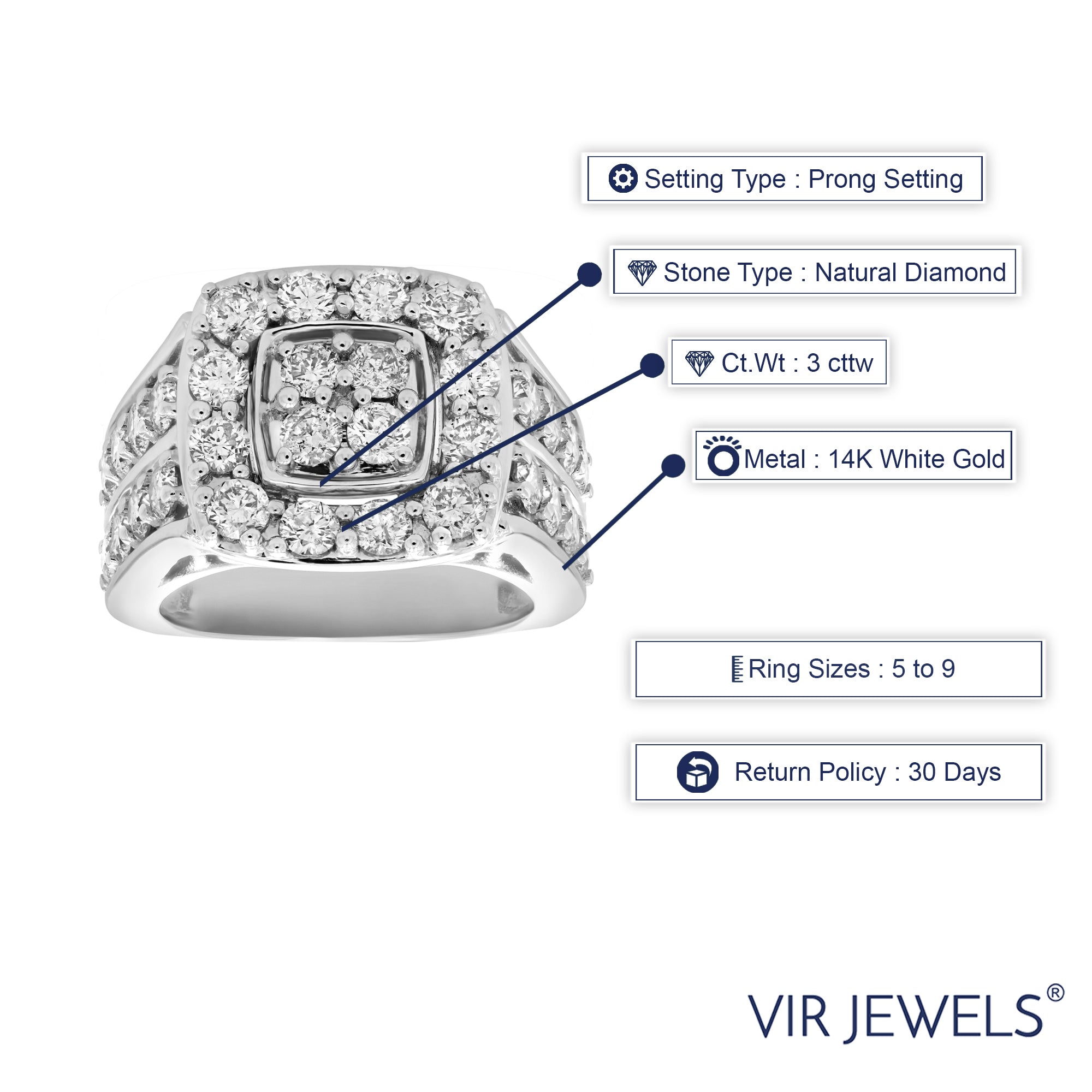 3 cttw Diamond Engagement Ring Cushion Shape 14K White Gold Bridal Wedding
