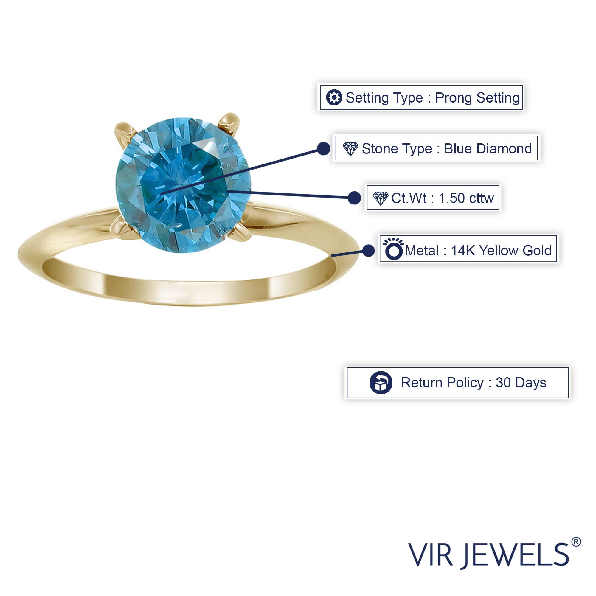 1.50 cttw Blue Diamond Solitaire Ring 14K Gold Size 7