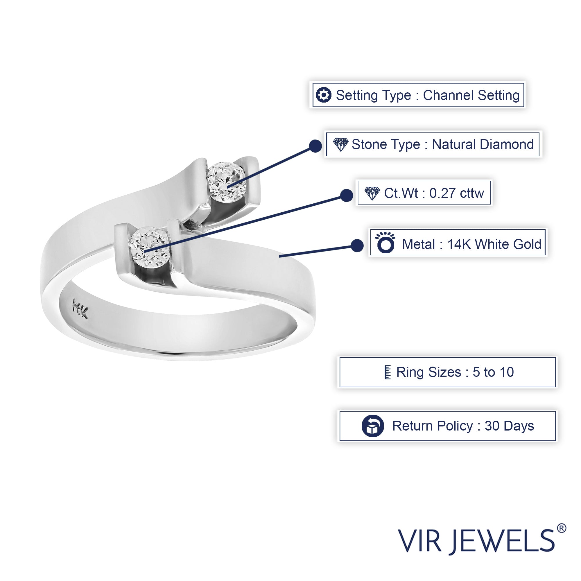 0.27 cttw 2 Stone Diamond Fashion Ring 14K White Gold Bridal Engagement Size 7