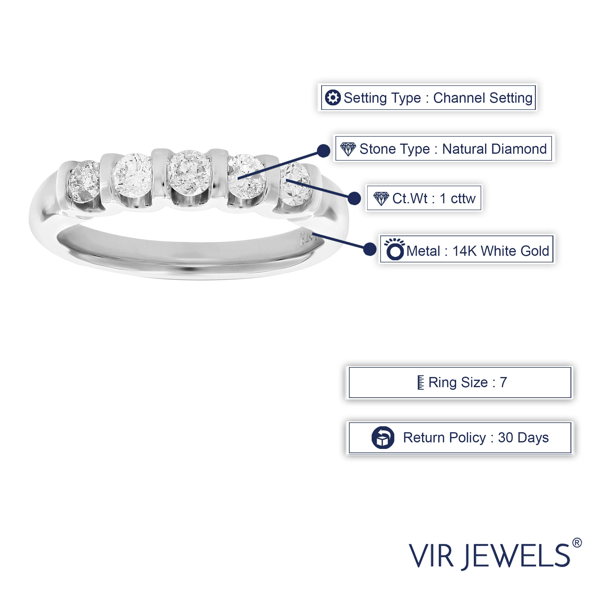 1 cttw Diamond 5 Stone Ring 14K White Gold Size 7