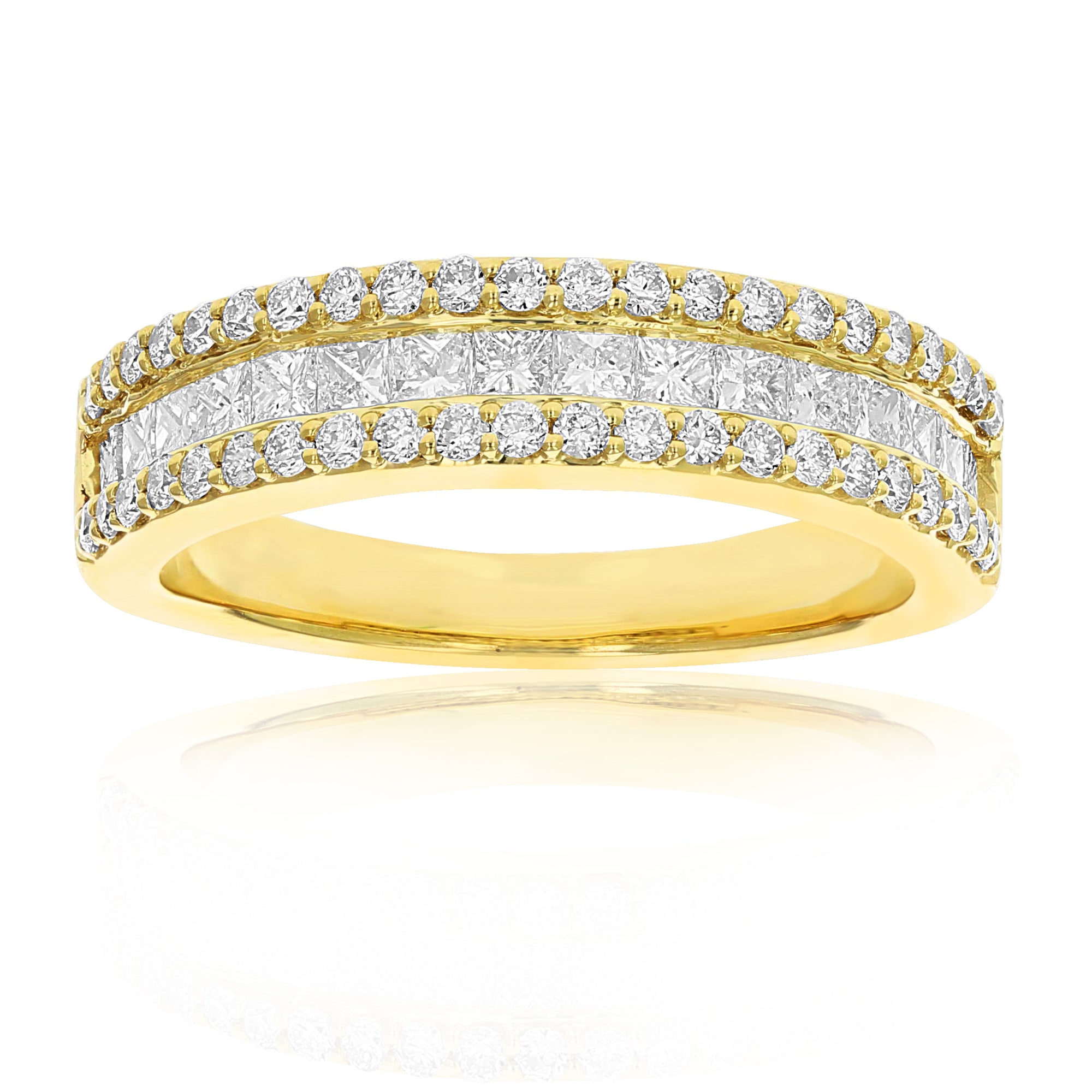 1 cttw Princess and Round Diamond Wedding Band 14K Yellow Gold Multi Row Bridal