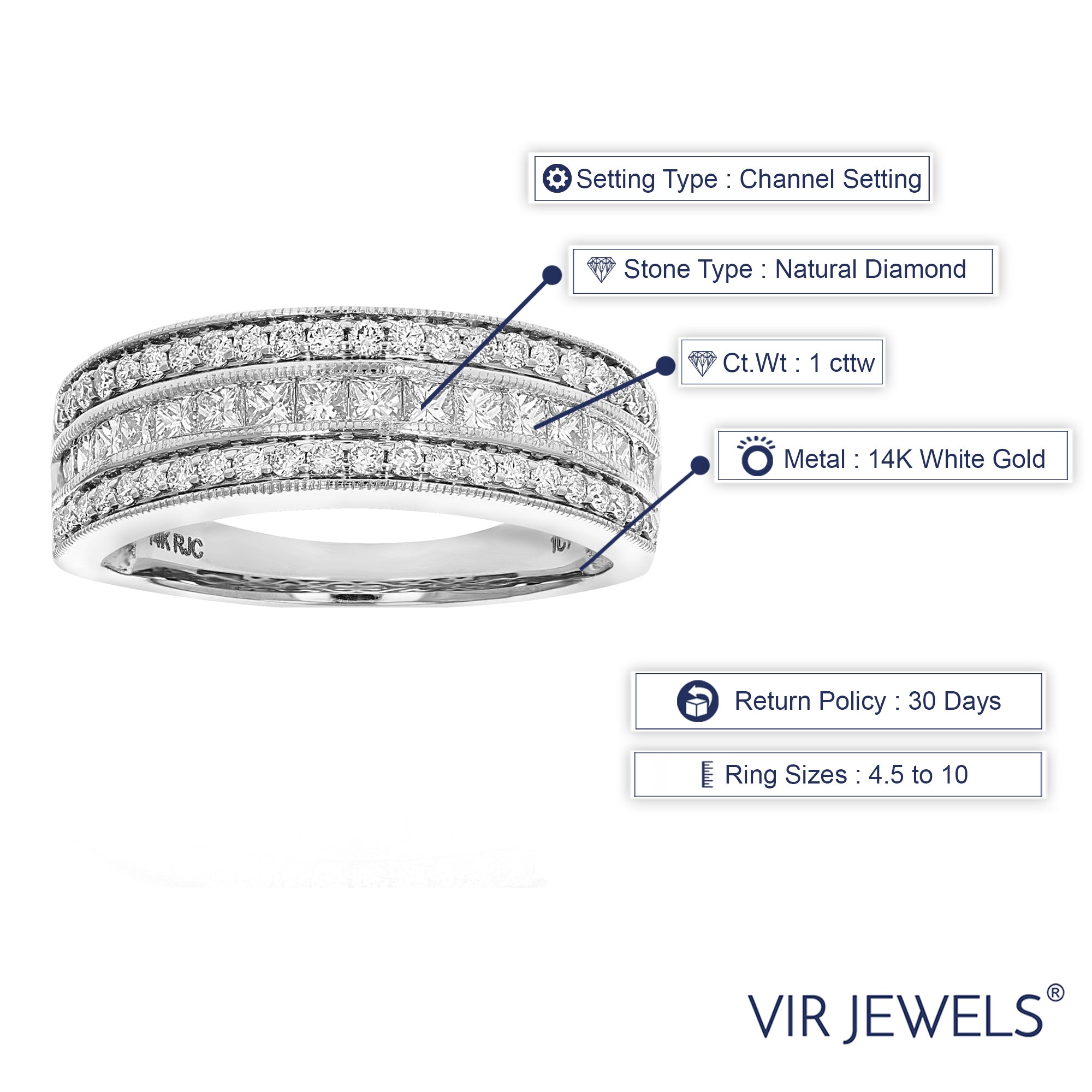 1 cttw Princess and Round Diamond Wedding Band with Milgrain 14K White Gold