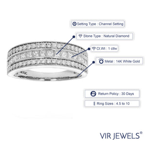 1 cttw Princess and Round Diamond Wedding Band with Milgrain 14K White Gold