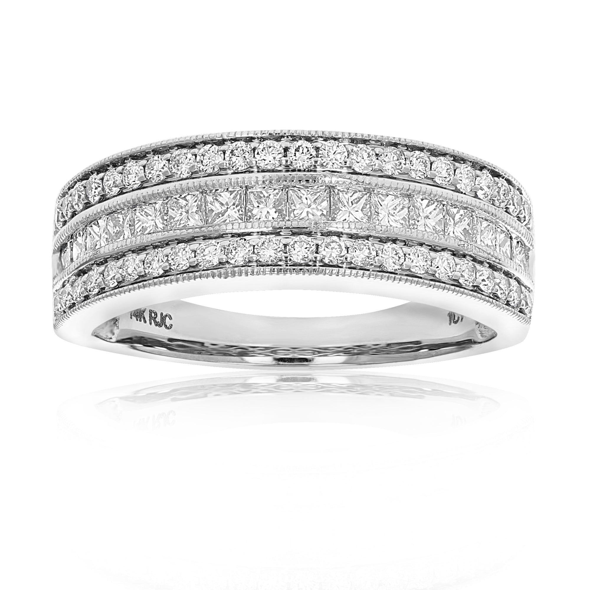 1 cttw Princess and Round Diamond Wedding Band with Milgrain 14K White Gold