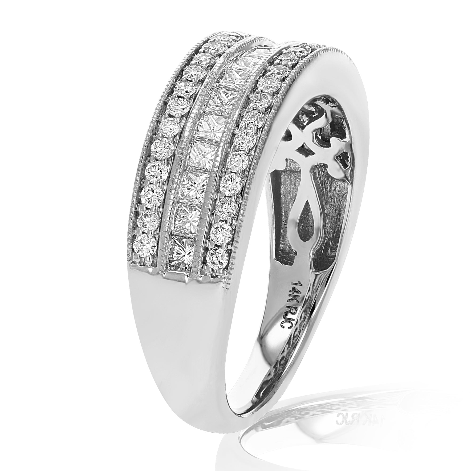 1 cttw Princess and Round Diamond Wedding Band with Milgrain 14K White Gold