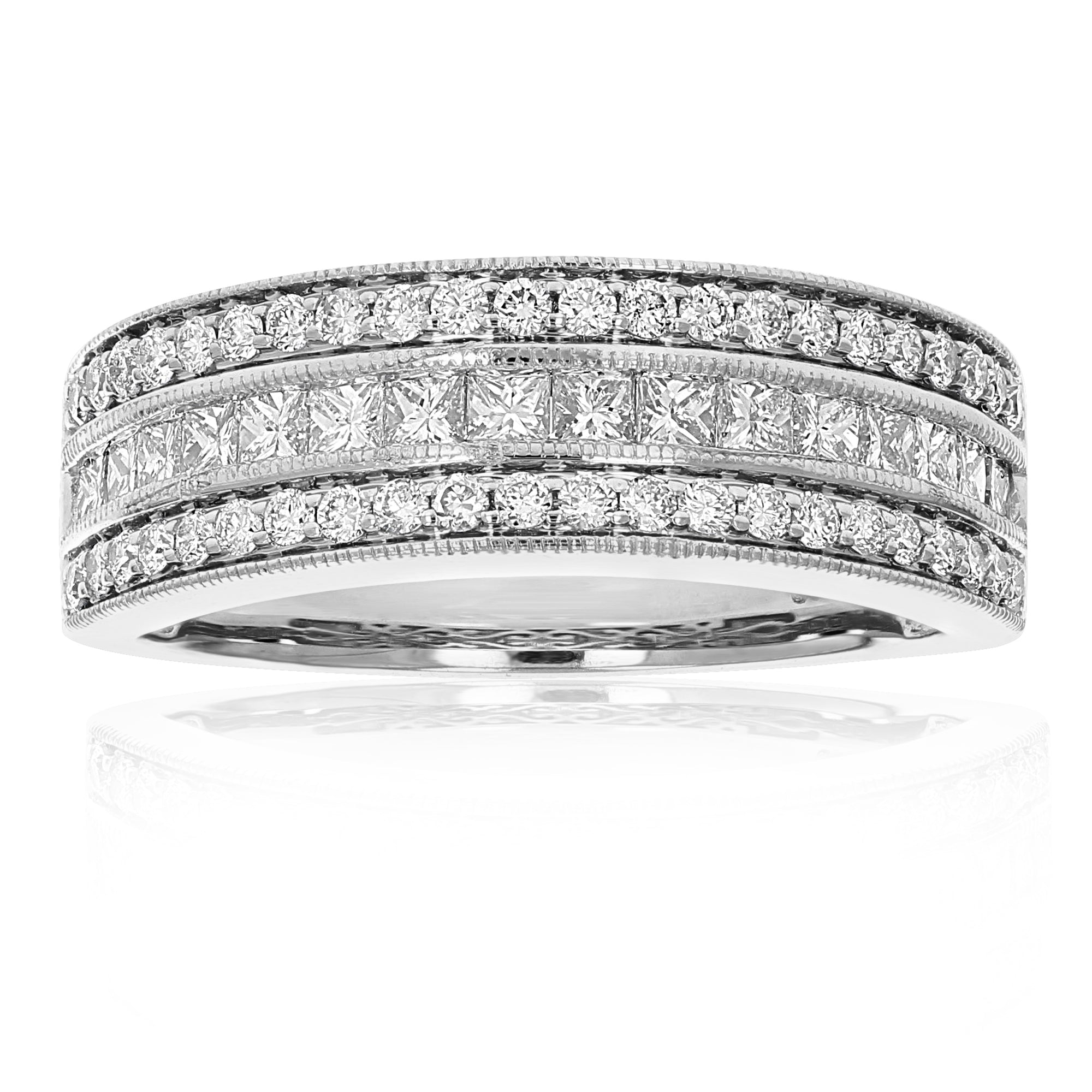 1 cttw Princess and Round Diamond Wedding Band with Milgrain 14K White Gold