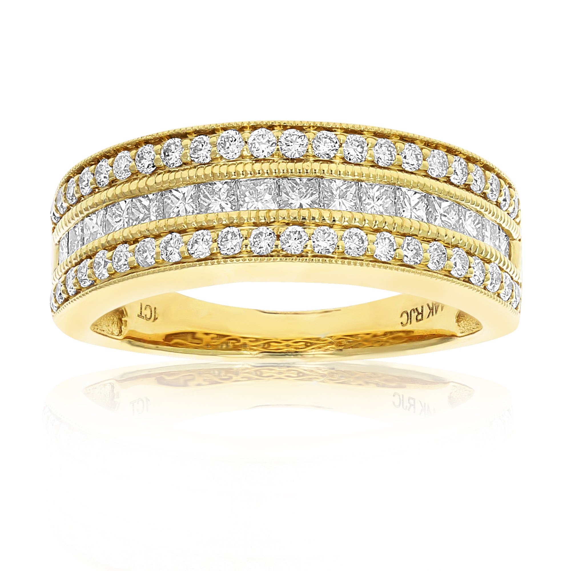 1 cttw Princess and Round Diamond Wedding Band with Milgrain 14K Yellow Gold