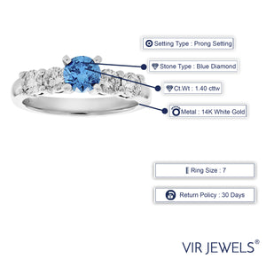 1.40 cttw Blue and White Diamond Engagement Ring 14K White Gold Bridal Size 7