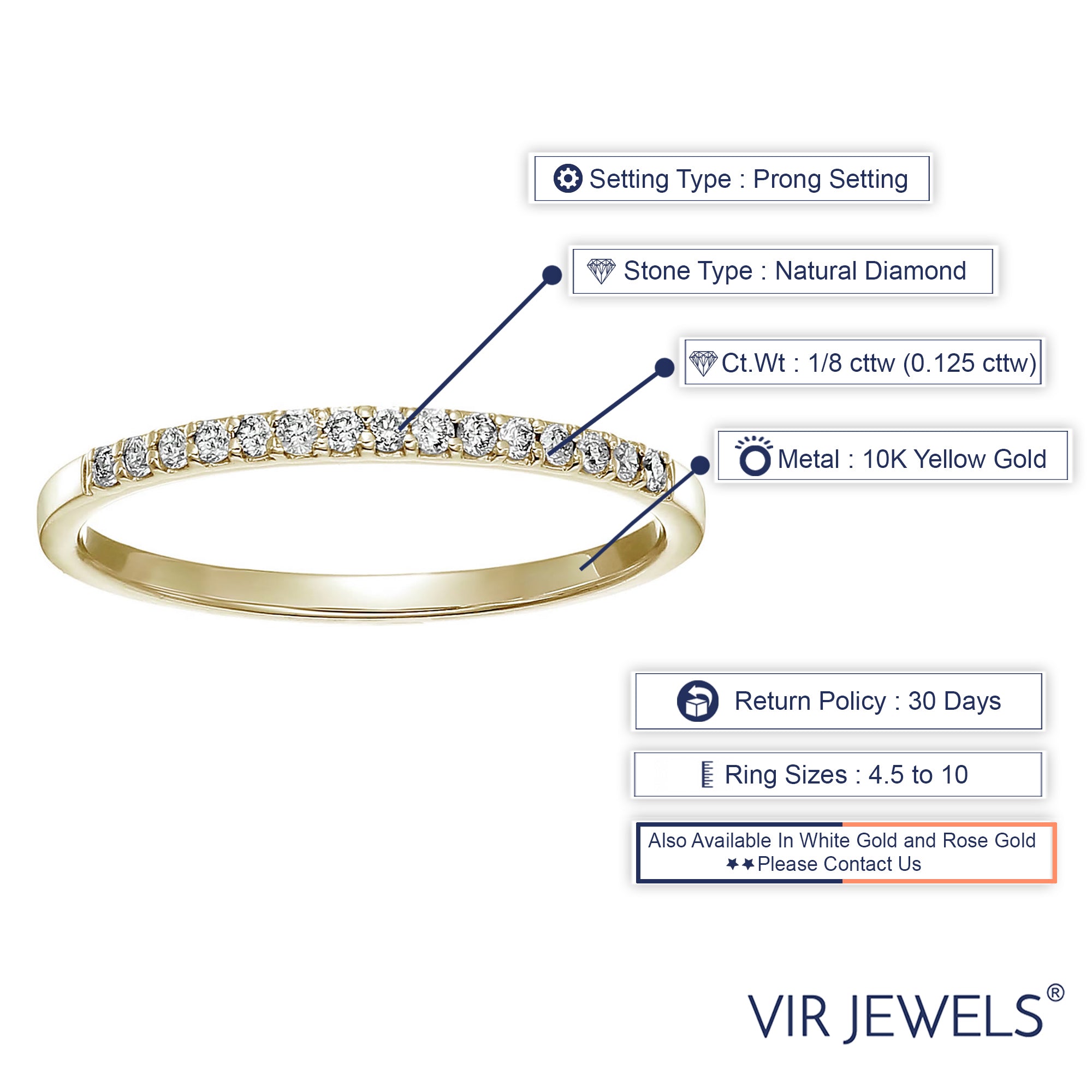 1/8 cttw Petite Round Diamond Wedding Band for Women in 10K Yellow Gold Prong Set, Size 4.5-10