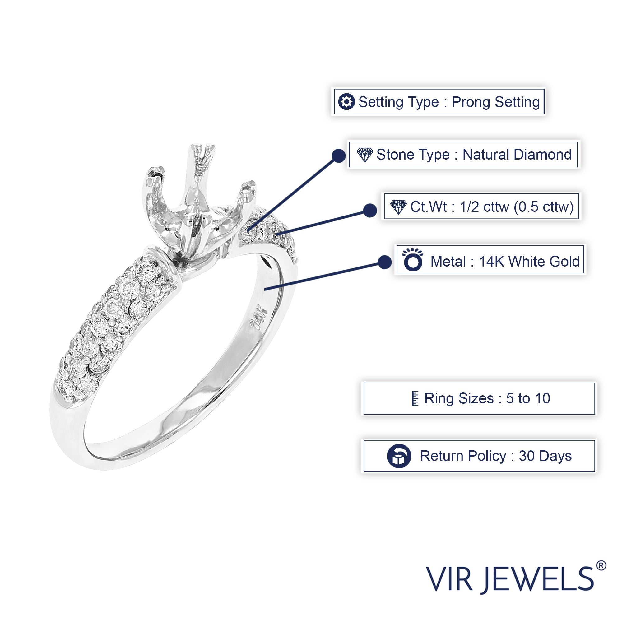 1/2 cttw Semi Mount Diamond Engagement Ring 14K White Gold Round Bridal Size 7