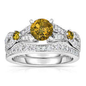 1.60 cttw 3 Stone Yellow and White Diamond Engagement Ring 14K White Gold Size 7