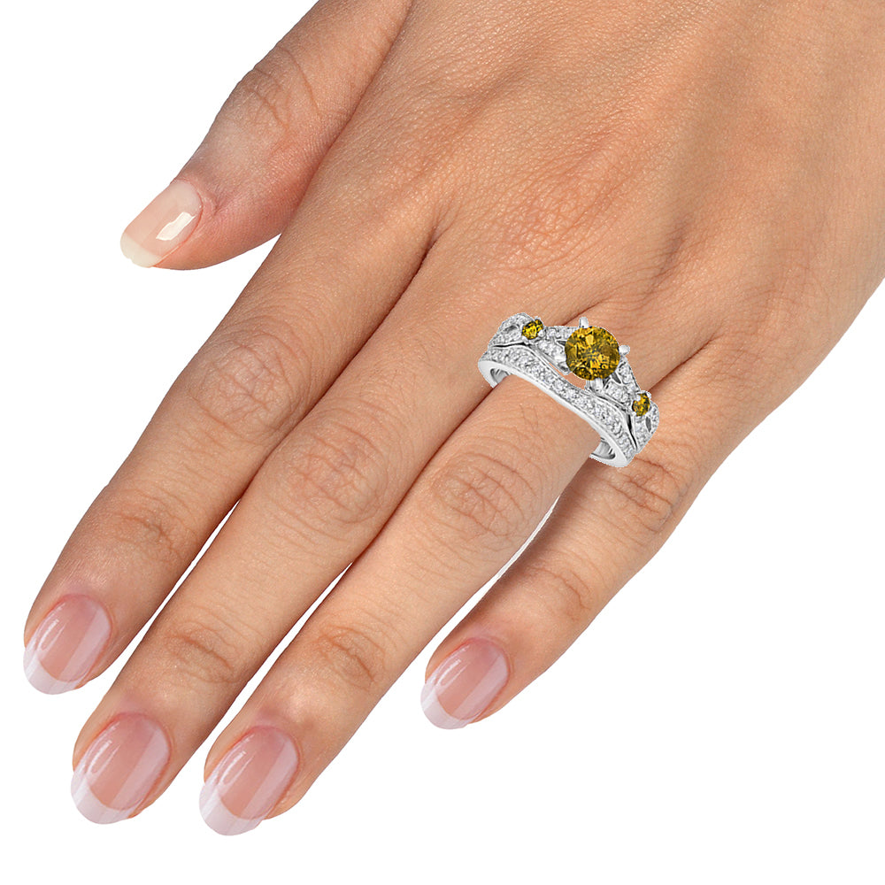 1.60 cttw 3 Stone Yellow and White Diamond Engagement Ring 14K White Gold Size 7