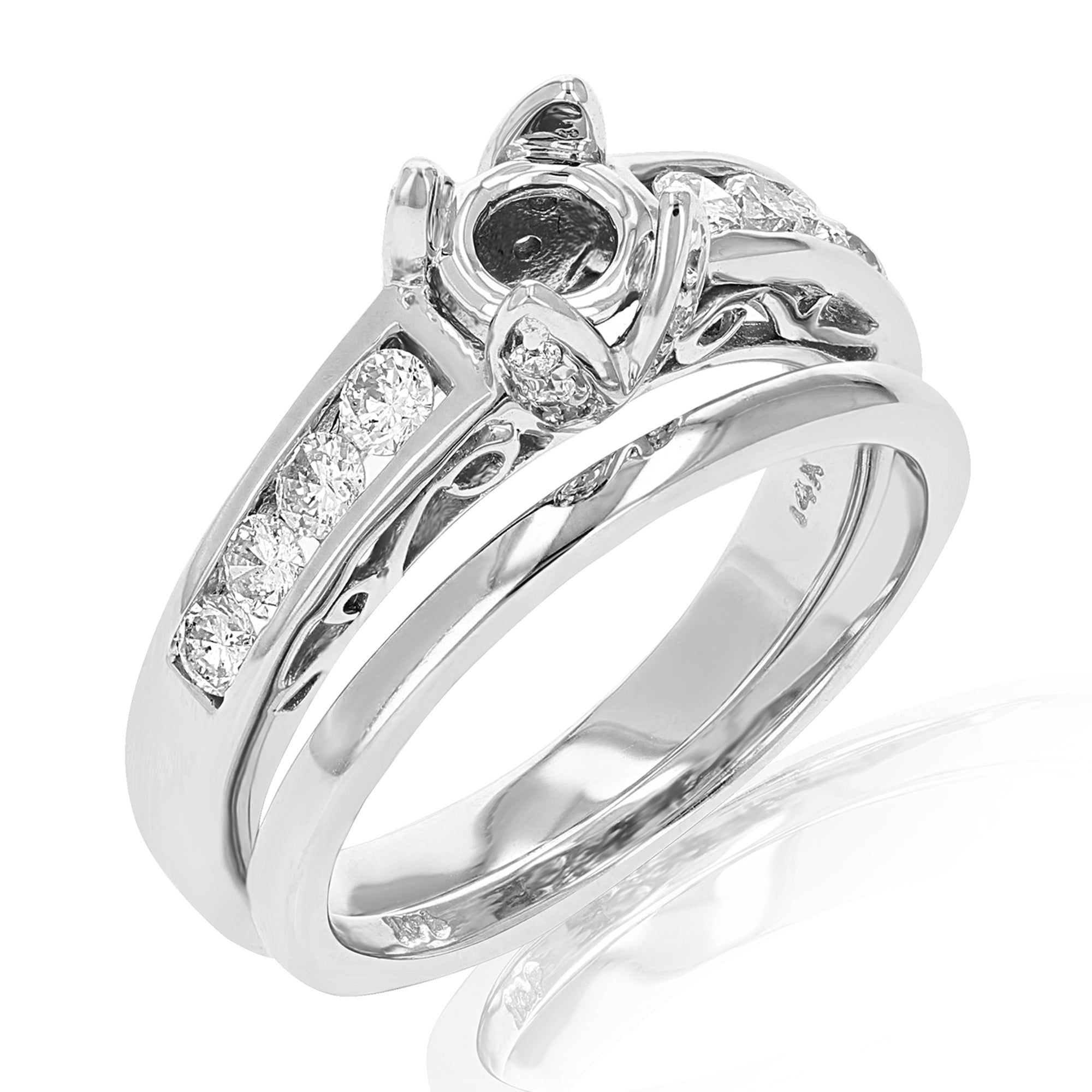 0.60 cttw Semi Mount Diamond Wedding Bridal Set 14K White Gold Round Size 7