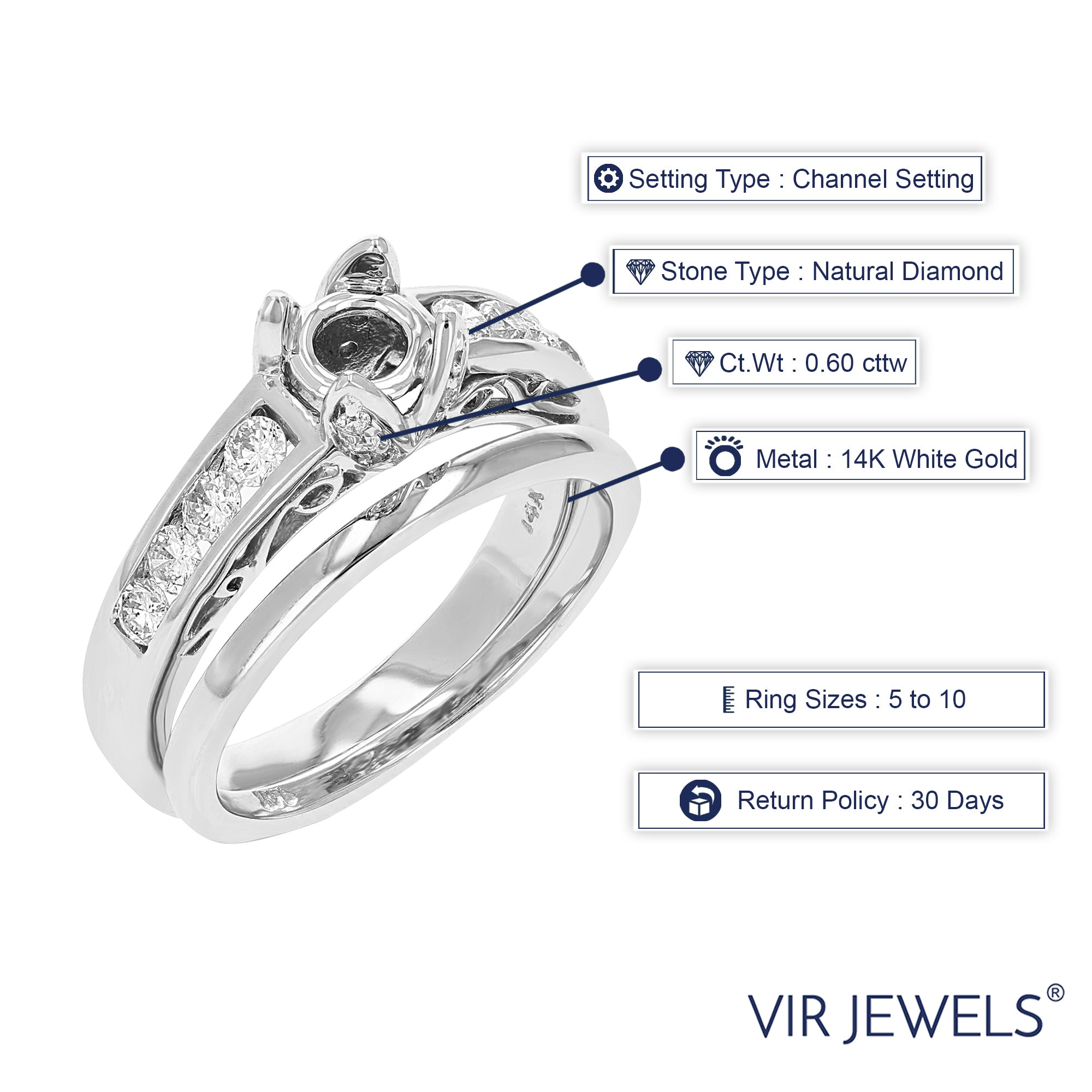 0.60 cttw Semi Mount Diamond Wedding Bridal Set 14K White Gold Round Size 7