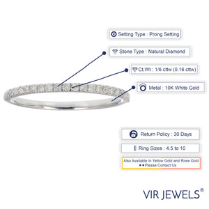 1/6 cttw Pave Round Diamond Wedding Band for Women in 10K White Gold Prong Set, Size 4.5-10