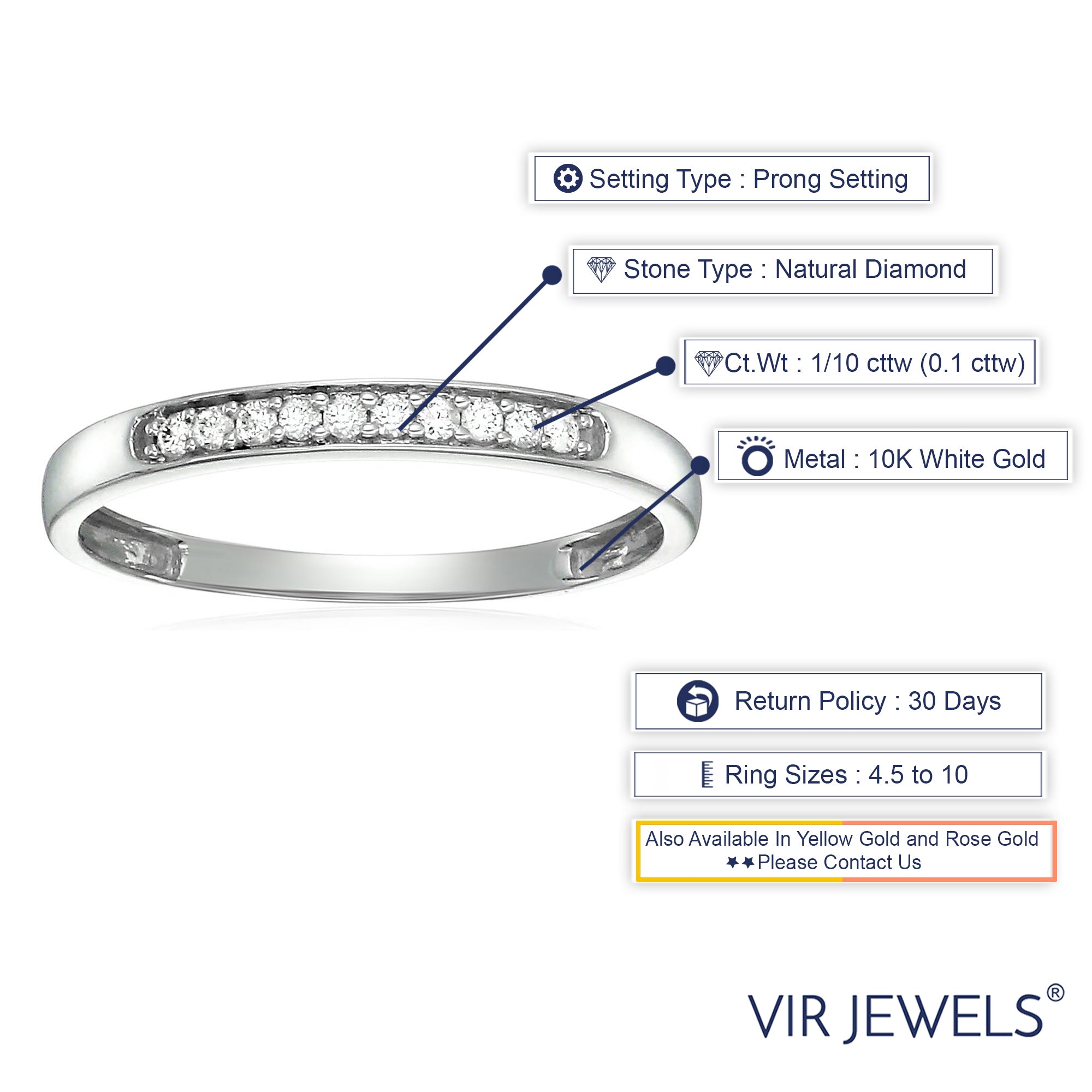 1/10 cttw Diamond Wedding Band for Women, 10K White Gold Wedding Band with 10 Stones Prong Set, Size 4.5-10