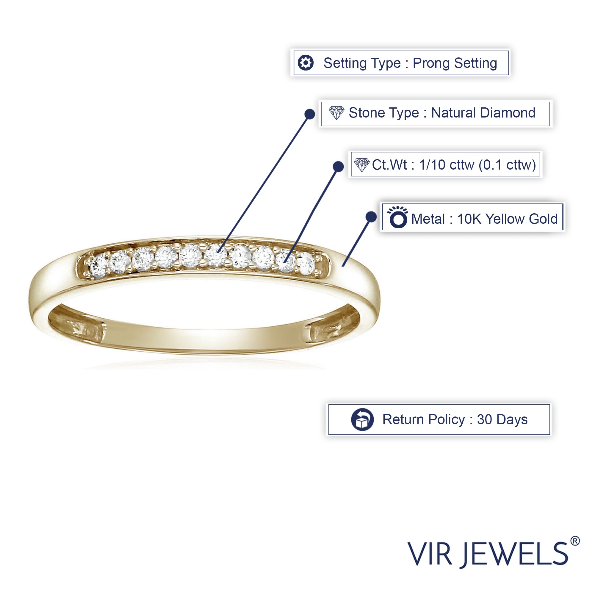 1/10 cttw Diamond Wedding Band for Women, 10K Yellow Gold Wedding Band with 10 Stones Prong Set, Size 4.5-10