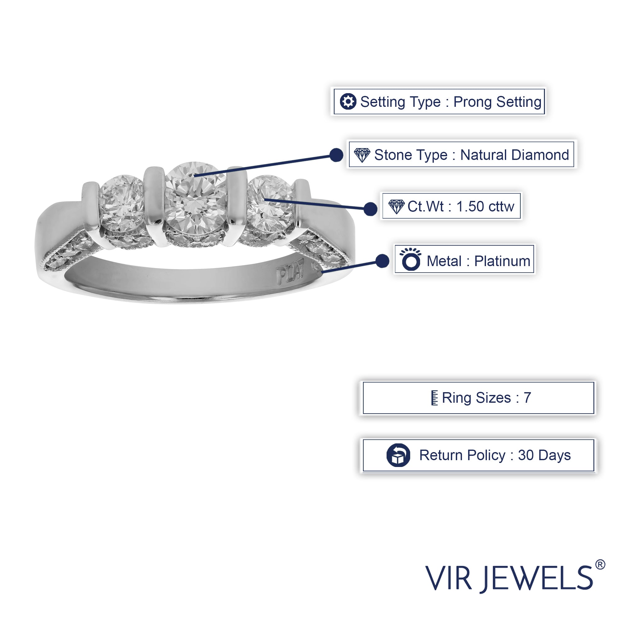 1 1/2 cttw Diamond 3 Stone Ring Platinum Size 7