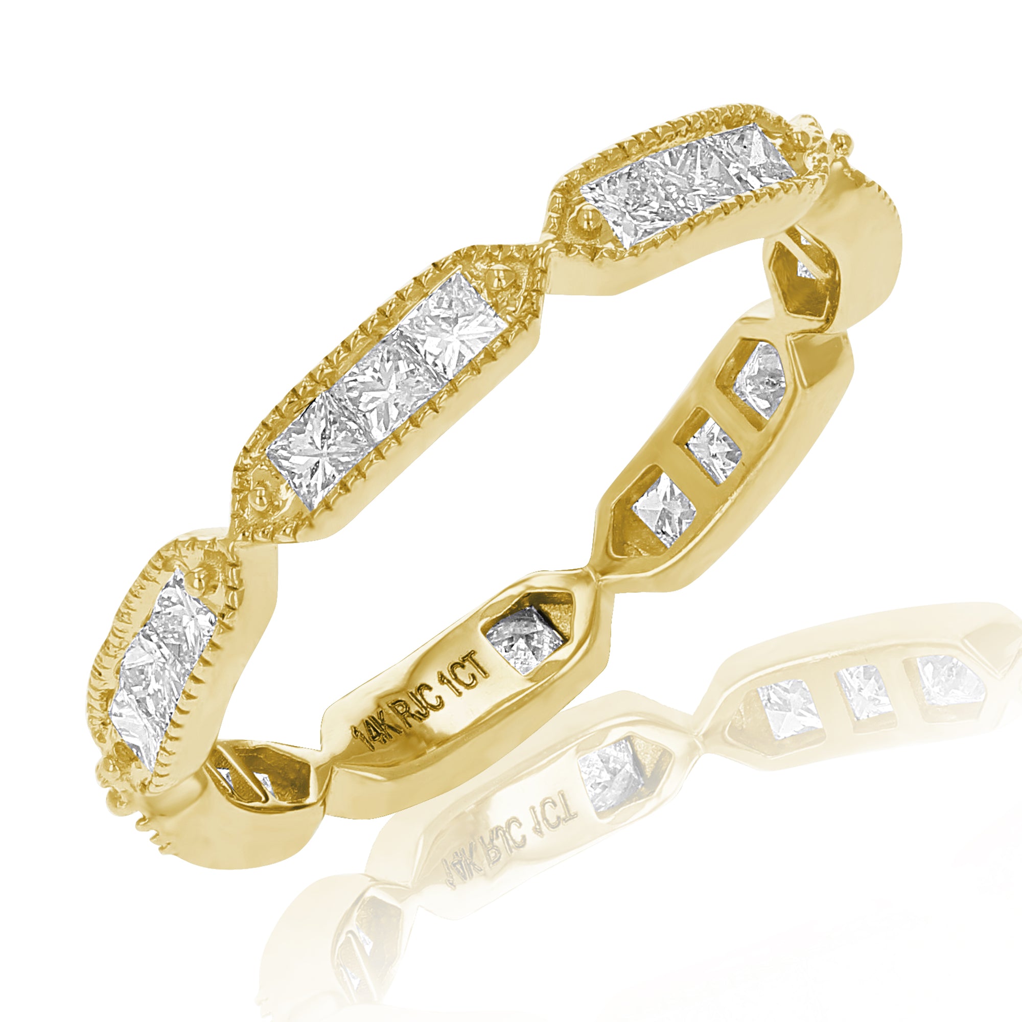 1 cttw Princess Diamond Eternity Ring Wedding Band with Milgrain 14K Yellow Gold