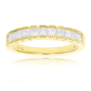 3/4 cttw Princess Cut Diamond Wedding Band with Milgrain 14K Yellow Gold Channel